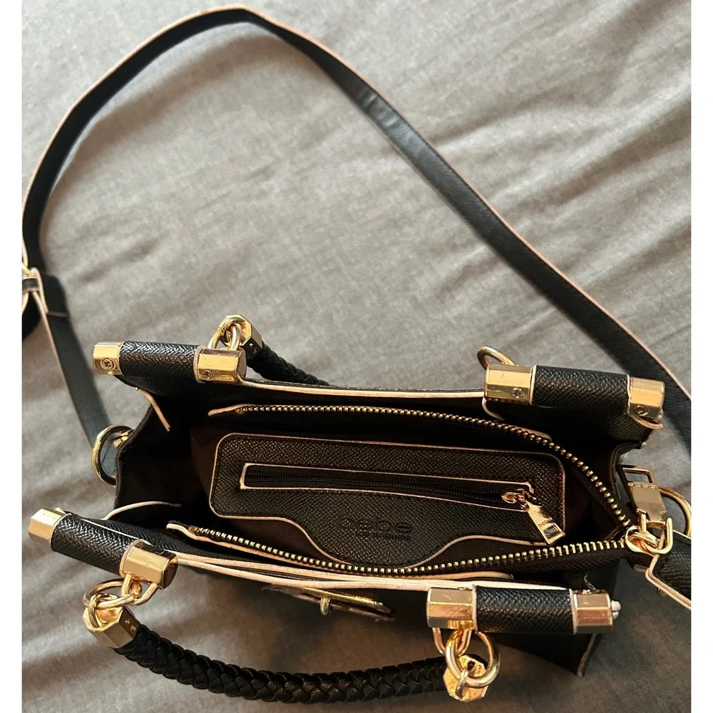 Bebe Black Saffiano Crossbody Satchel Bag Braided Handle Gold Logo Medallion